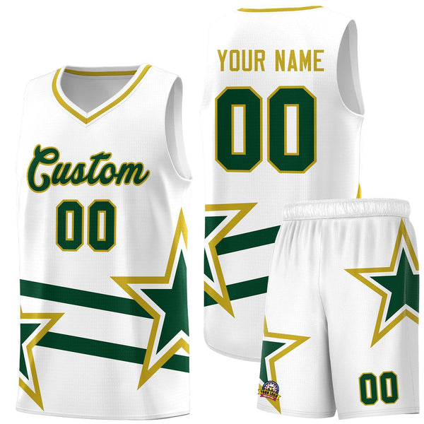 Custom White Basketball Kits With Green Star Pattern And Double Lines | BuyFootballJersey
