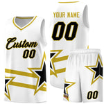Custom White Basketball Kits With Old Gold Star Pattern And Double Lines | BuyFootballJersey