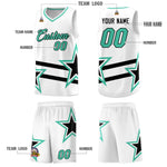 Custom White Basketball Kits With Bright Green Star Pattern And Double Lines | BuyFootballJersey