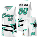 Custom White Basketball Kits With Bright Green Star Pattern And Double Lines | BuyFootballJersey