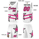 Custom White Basketball Kits With Rose Red Star Pattern And Double Lines | BuyFootballJersey