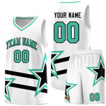 Custom White Basketball Kits With Bright Green Star Pattern And Double Lines | BuyFootballJersey