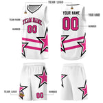 Custom White Basketball Kits With Rose Red Star Pattern And Double Lines | BuyFootballJersey