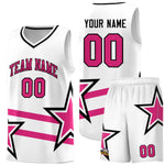 Custom White Basketball Kits With Rose Red Star Pattern And Double Lines | BuyFootballJersey