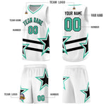 Custom White Basketball Kits With Bright Green Star Pattern And Double Lines | BuyFootballJersey