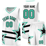 Custom White Basketball Kits With Bright Green Star Pattern And Double Lines | BuyFootballJersey