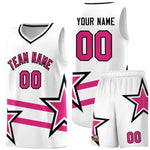 Custom White Basketball Kits With Rose Red Star Pattern And Double Lines | BuyFootballJersey
