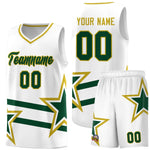 Custom White Basketball Kits With Green Star Pattern And Double Lines | BuyFootballJersey