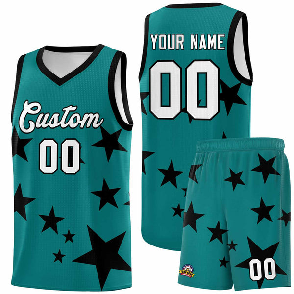Custom Aqua Black Graffiti Pattern Star Print Basketball Jersey Sets | BuyFootballJersey