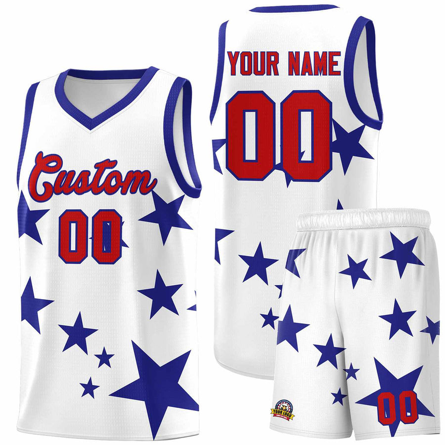 Custom White Royal Graffiti Pattern Star Print Basketball Jersey Sets | BuyFootballJersey