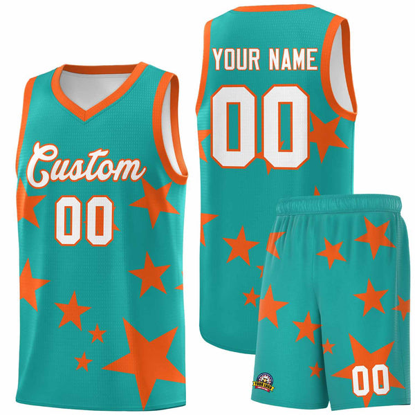 Custom Aqua Orange Graffiti Pattern Star Print Basketball Jersey Sets | BuyFootballJersey