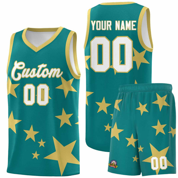 Custom Aqua Old Gold Graffiti Pattern Star Print Basketball Jersey Sets | BuyFootballJersey