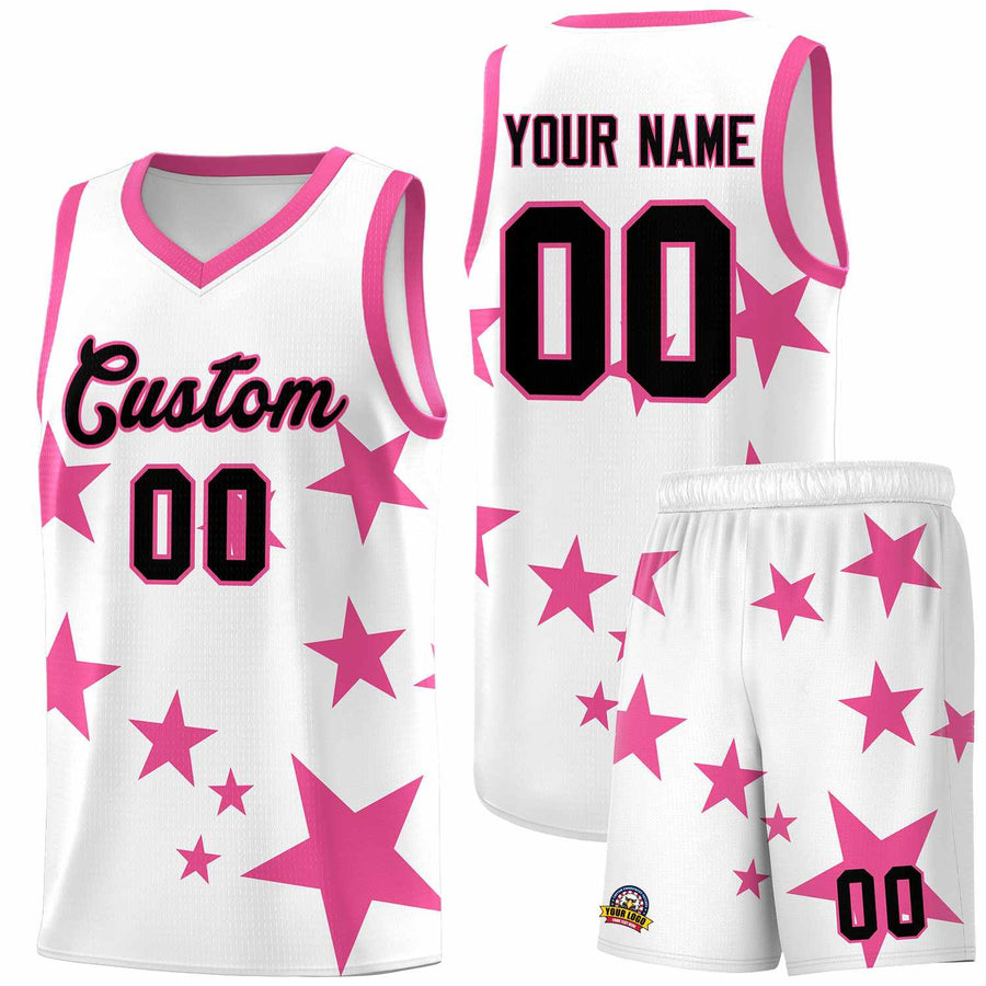 Custom White Pink Graffiti Pattern Star Print Basketball Jersey Sets | BuyFootballJersey