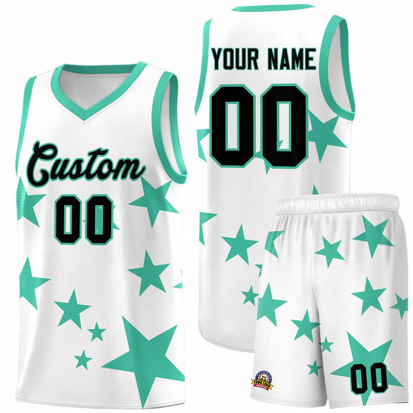 Custom White Bright Green Graffiti Pattern Star Print Basketball Jersey Sets | BuyFootballJersey
