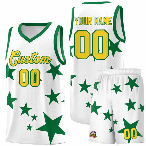 Custom White Kelly Green Graffiti Pattern Star Print Basketball Jersey Sets | BuyFootballJersey