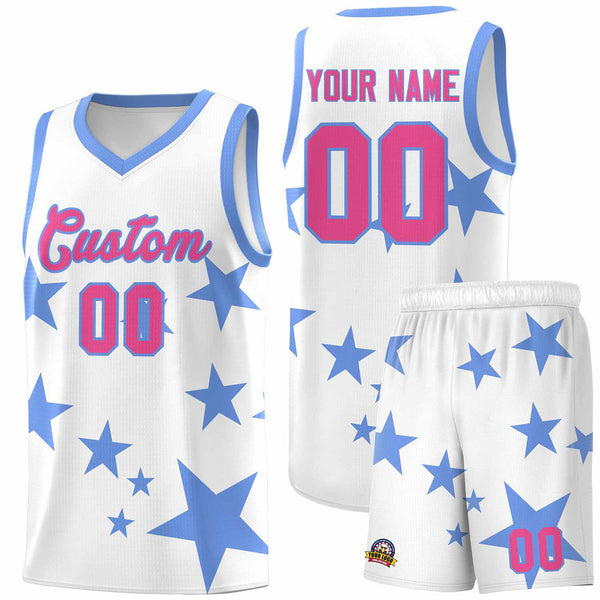 Custom White Light Blue Graffiti Pattern Star Print Basketball Jersey Sets | BuyFootballJersey