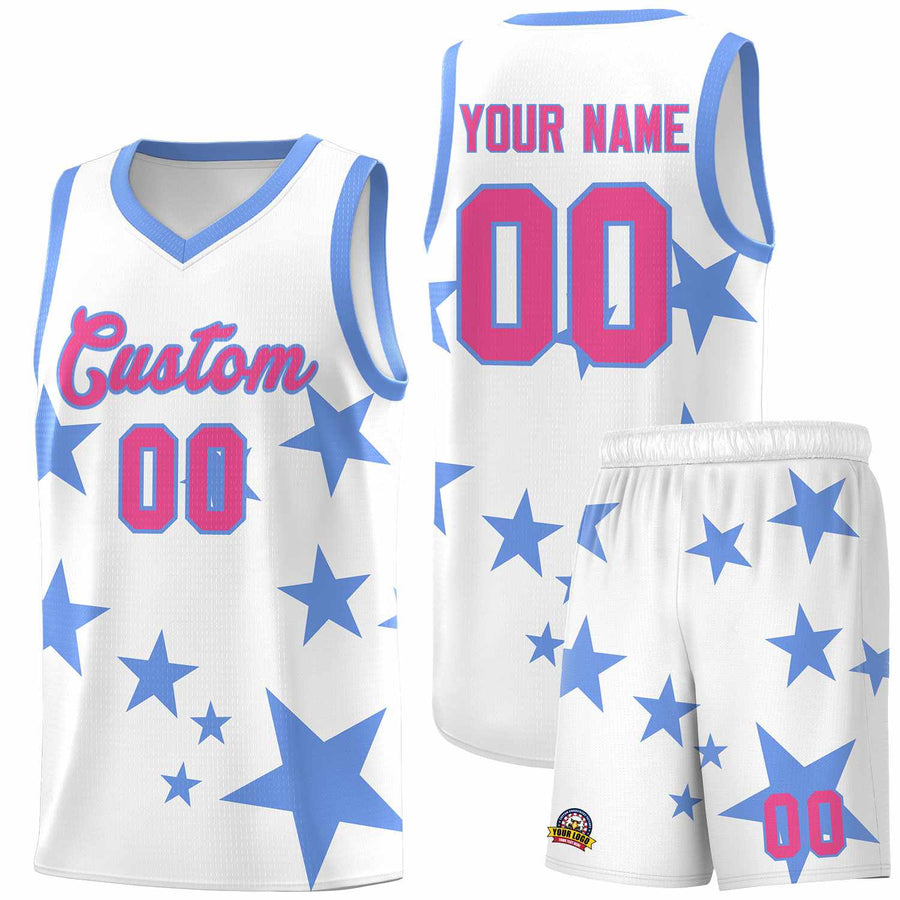 Custom White Light Blue Graffiti Pattern Star Print Basketball Jersey Sets | BuyFootballJersey