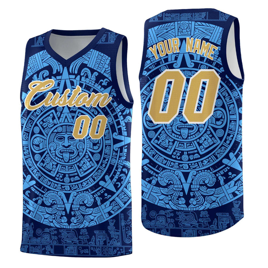 Custom Navy Powder Blue Aztec Sun Stone Graffiti Pattern Breathable Uniform Basketball Jersey | BuyFootballJersey