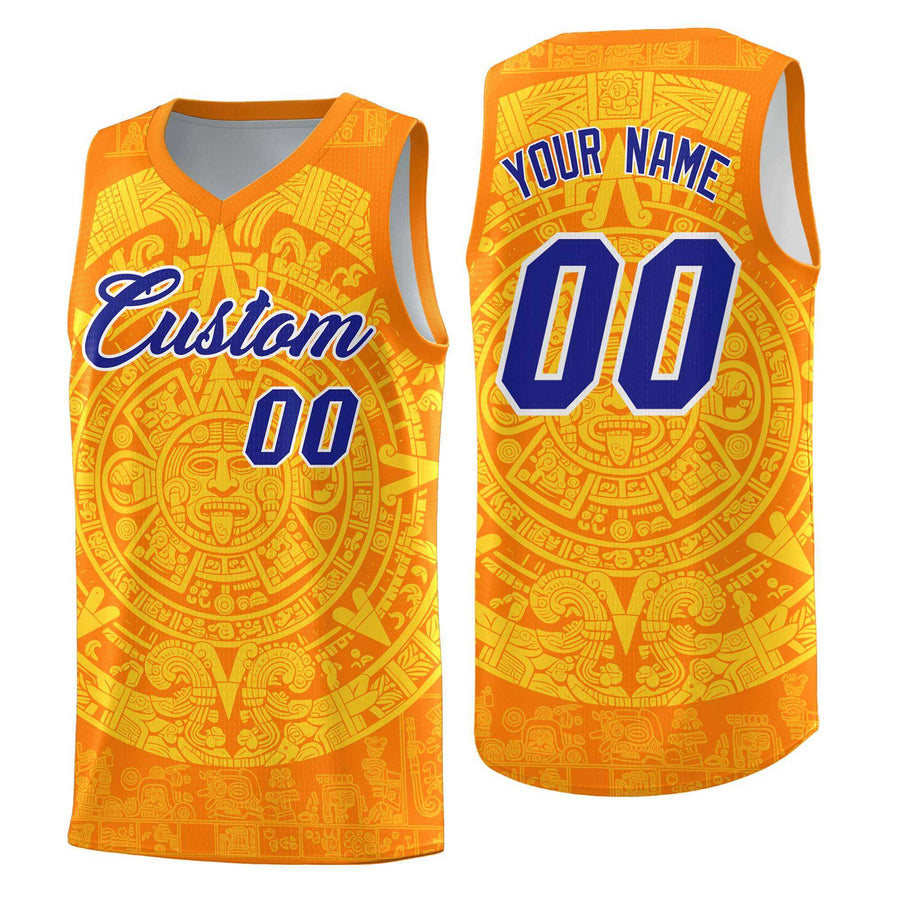 Custom Orange Gold Aztec Sun Stone Graffiti Pattern Lightweight Uniform Basketball Jersey | BuyFootballJersey