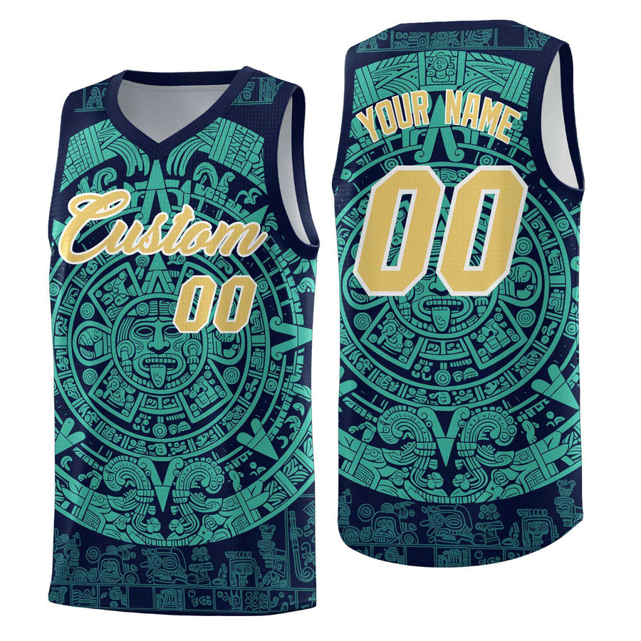 Custom Navy Aqua Aztec Sun Stone Graffiti Pattern Wrinkle-Resistant Uniform Basketball Jersey | BuyFootballJersey