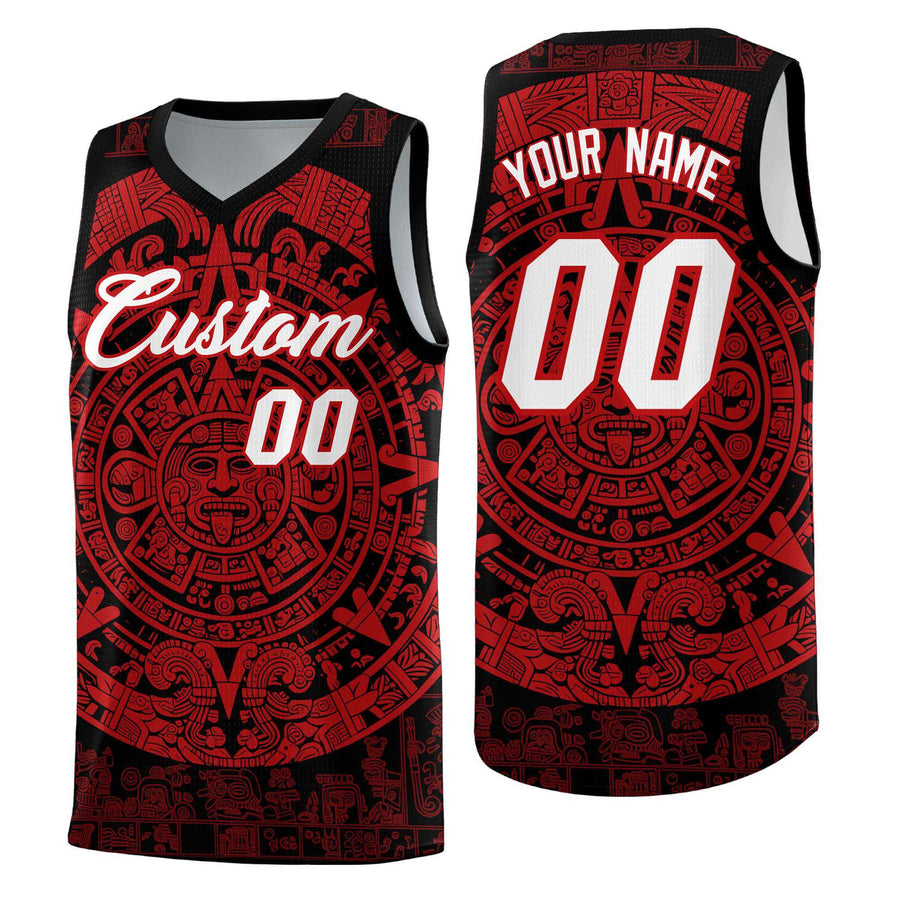 Custom Black Red Aztec Sun Stone Graffiti Pattern Drapable Uniform Basketball Jersey | BuyFootballJersey