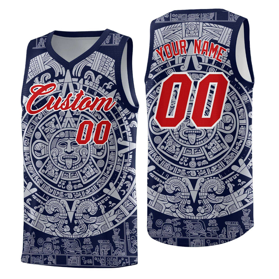 Custom Navy White Aztec Sun Stone Graffiti Pattern Breathable Uniform Basketball Jersey | BuyFootballJersey
