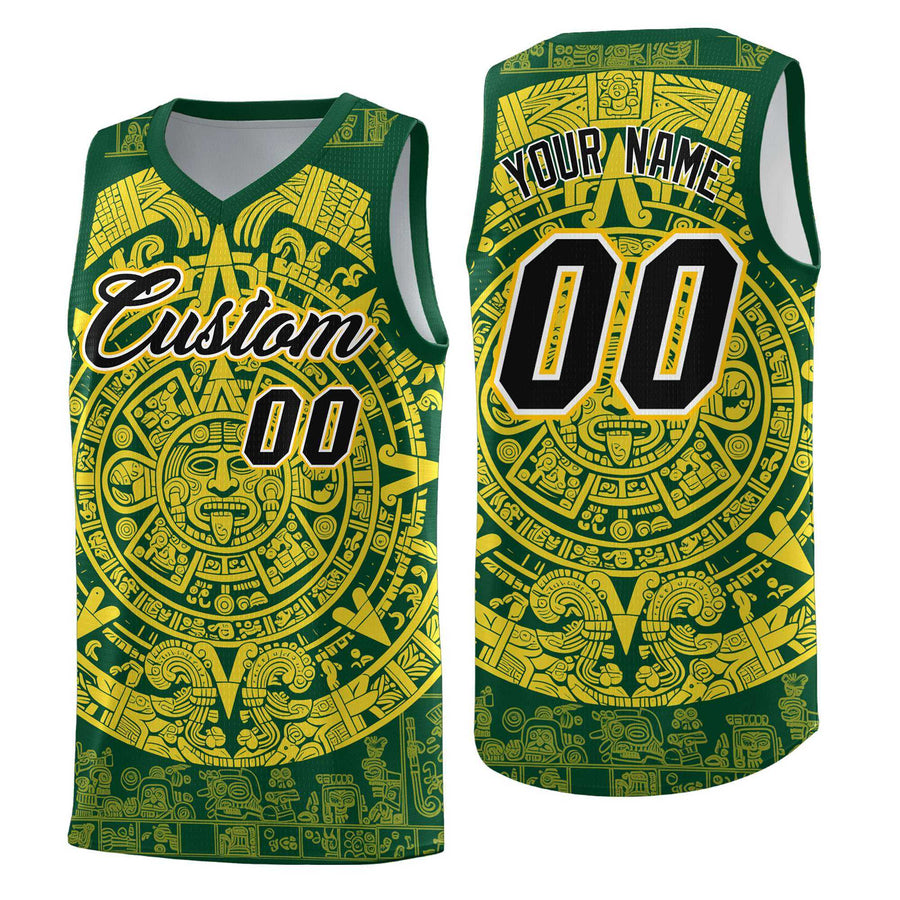 Custom Green Gold Aztec Sun Stone Graffiti Pattern Quick-Drying Uniform Basketball Jersey | BuyFootballJersey