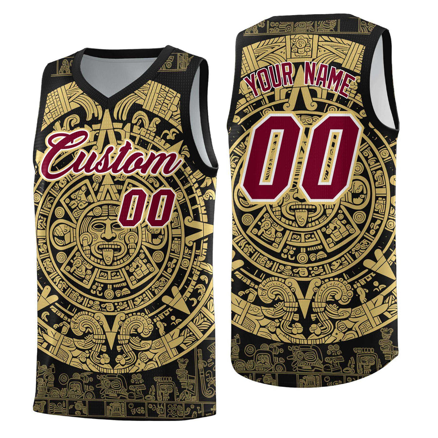 Custom Black Old Gold Aztec Sun Stone Graffiti Pattern Lightweight Uniform Basketball Jersey | BuyFootballJersey