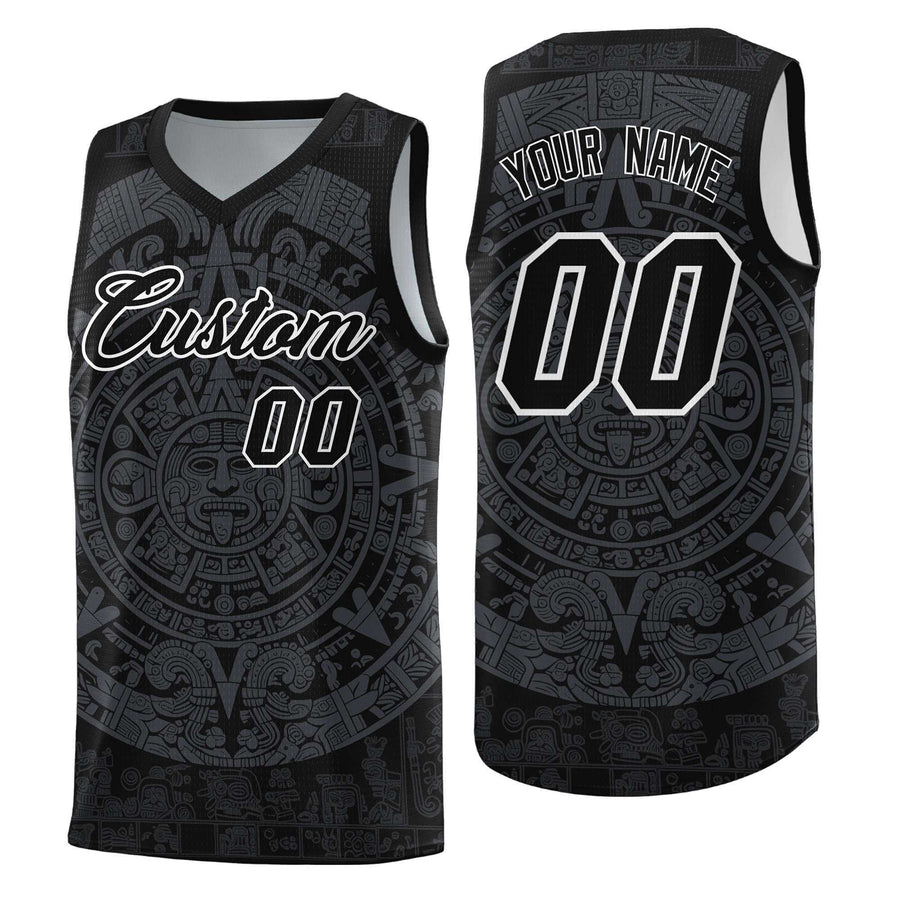 Custom Black Gray Aztec Sun Stone Graffiti Pattern Wrinkle-Resistant Uniform Basketball Jersey | BuyFootballJersey
