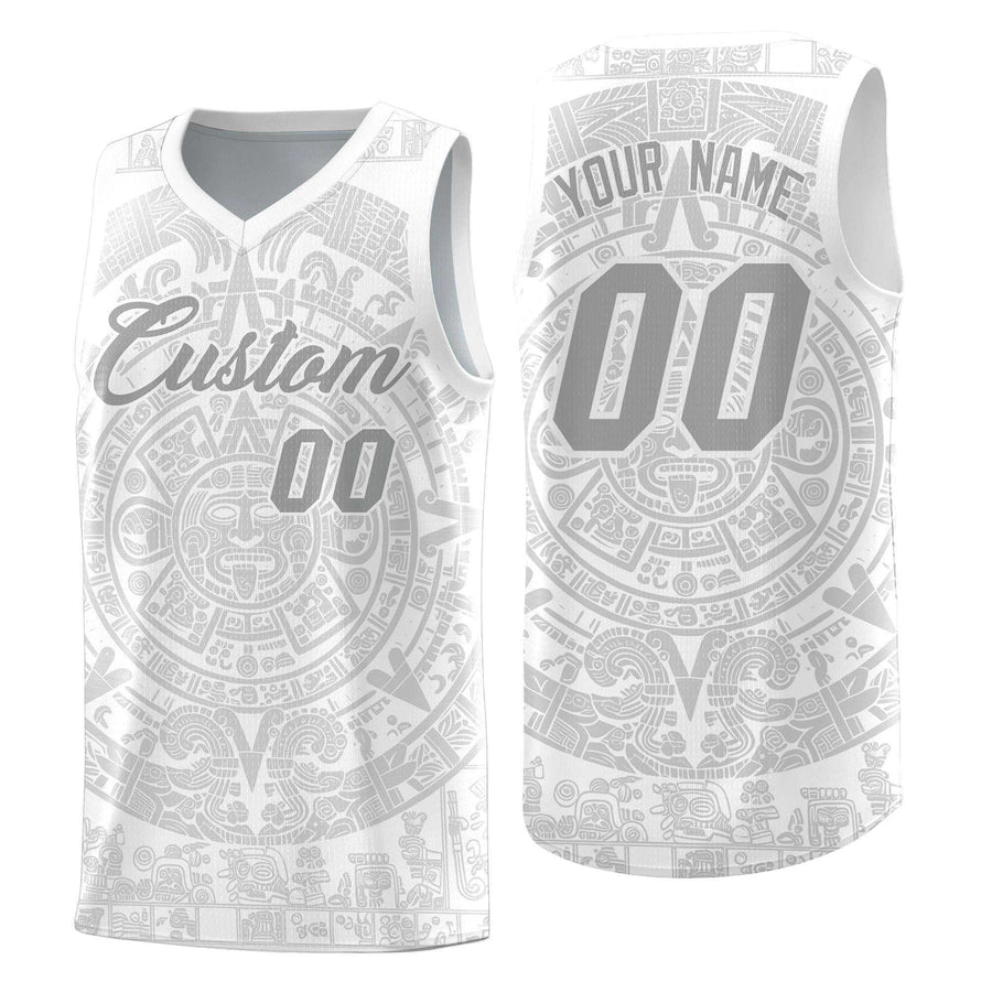 Custom White Gray Aztec Sun Stone Graffiti Pattern Drapable Uniform Basketball Jersey | BuyFootballJersey
