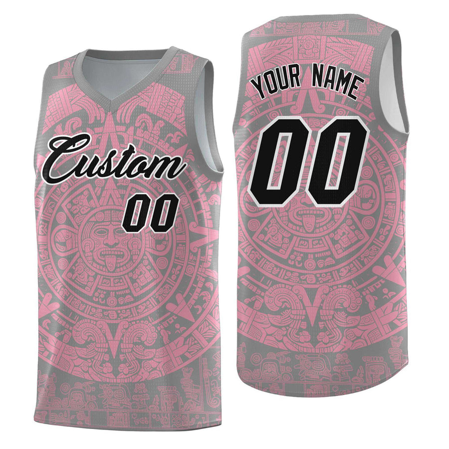 Custom Gray Light Pink Aztec Sun Stone Graffiti Pattern Breathable Uniform Basketball Jersey | BuyFootballJersey