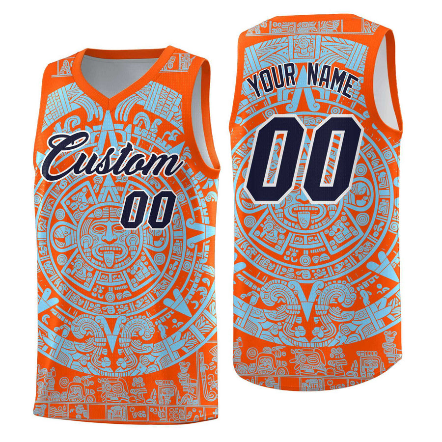 Custom Orange Light Blue Aztec Sun Stone Graffiti Pattern Quick-Drying Uniform Basketball Jersey | BuyFootballJersey