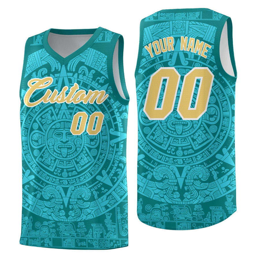 Custom Teal Aqua Aztec Sun Stone Graffiti Pattern Lightweight Uniform Basketball Jersey | BuyFootballJersey