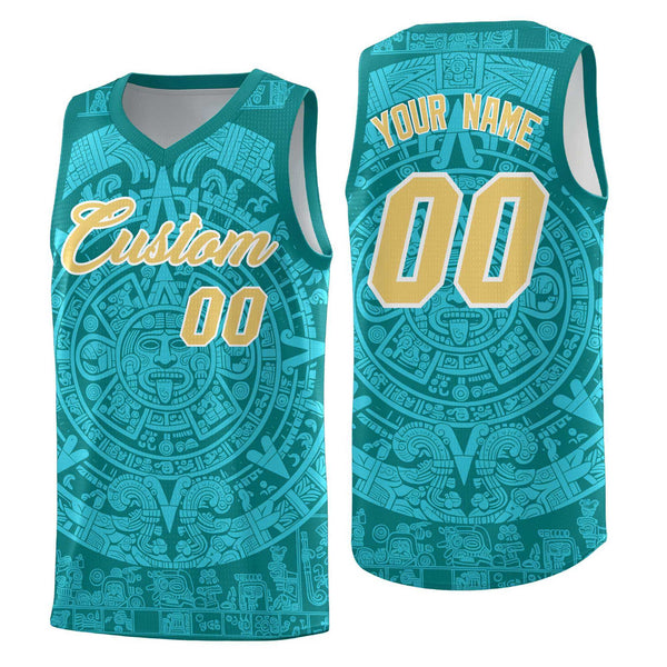 Custom Teal Aqua Aztec Sun Stone Graffiti Pattern Lightweight Uniform Basketball Jersey | BuyFootballJersey