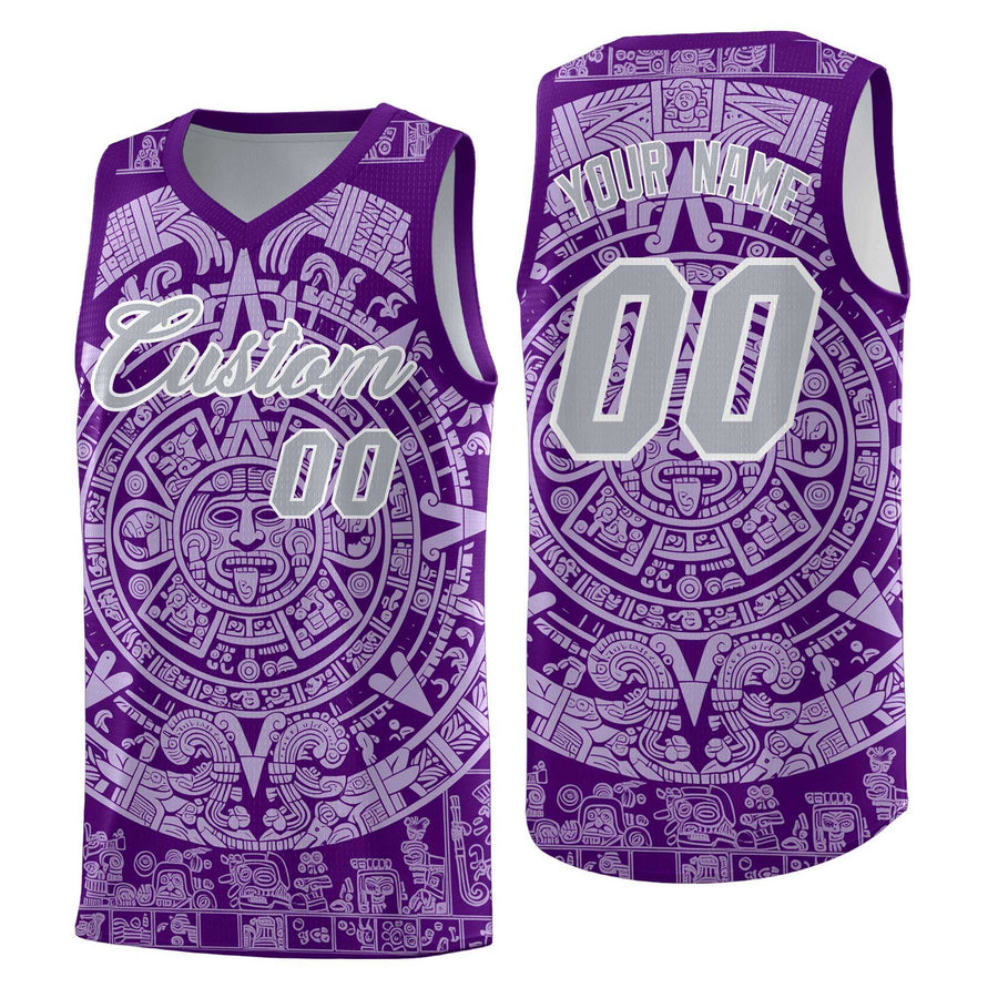 Custom Purple Light Purple Aztec Sun Stone Graffiti Pattern Wrinkle-Resistant Uniform Basketball Jersey | BuyFootballJersey