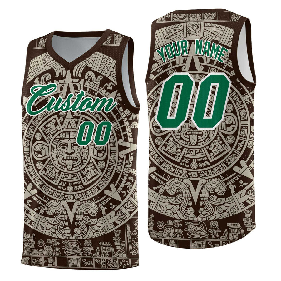 Custom Brown Light Khaki Aztec Sun Stone Graffiti Pattern Drapable Uniform Basketball Jersey | BuyFootballJersey
