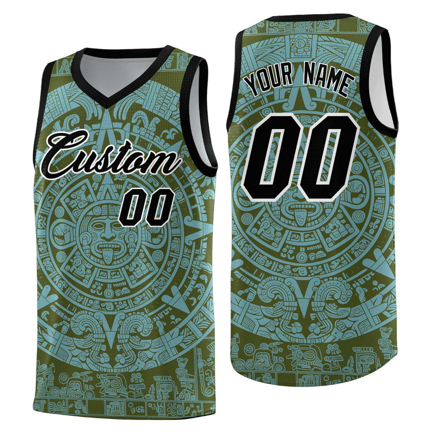 Custom Olive Sky Blue Aztec Sun Stone Graffiti Pattern Breathable Uniform Basketball Jersey | BuyFootballJersey