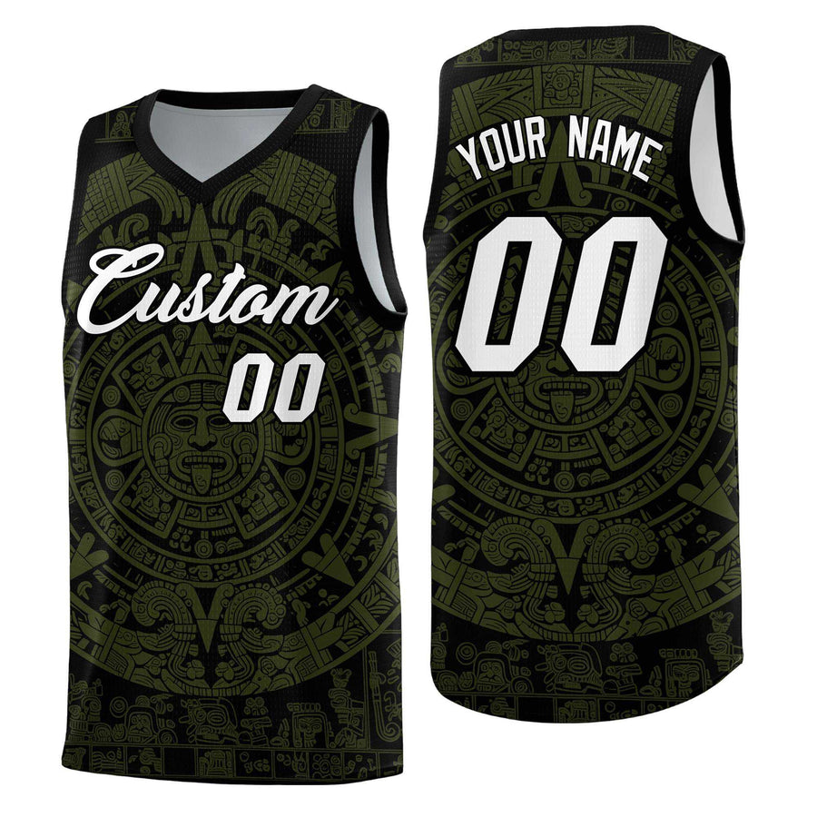 Custom Black Olive Aztec Sun Stone Graffiti Pattern Quick-Drying Uniform Basketball Jersey | BuyFootballJersey