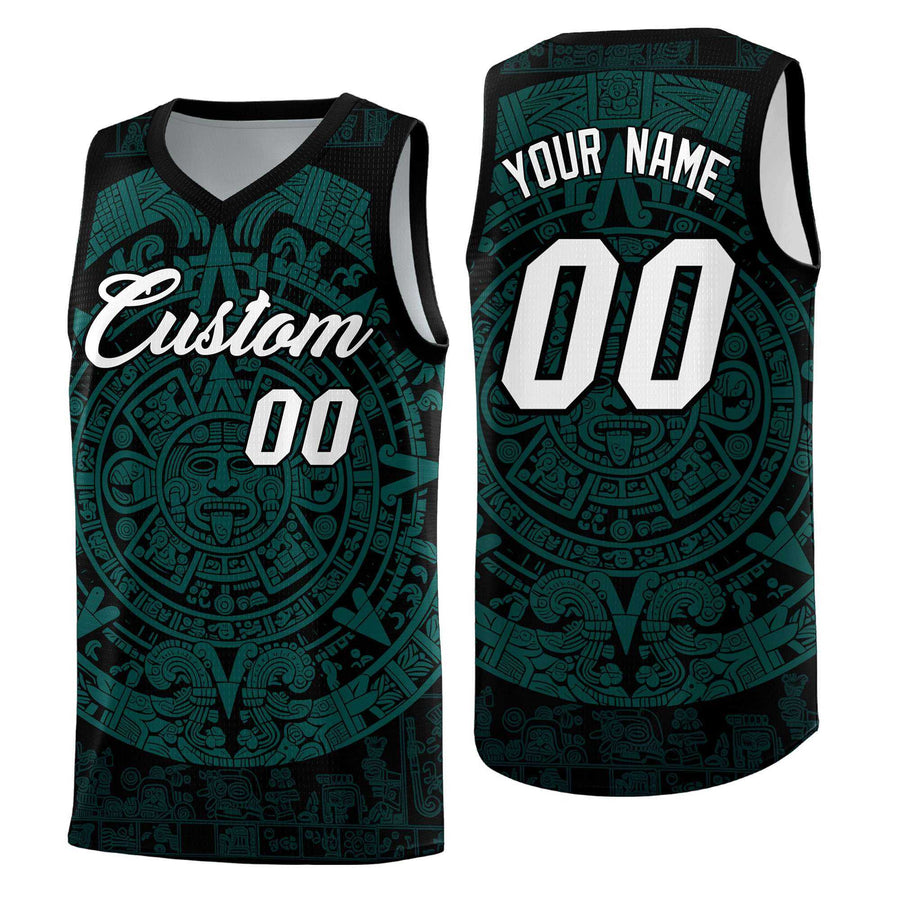 Custom Black Teal Aztec Sun Stone Graffiti Pattern Lightweight Uniform Basketball Jersey | BuyFootballJersey