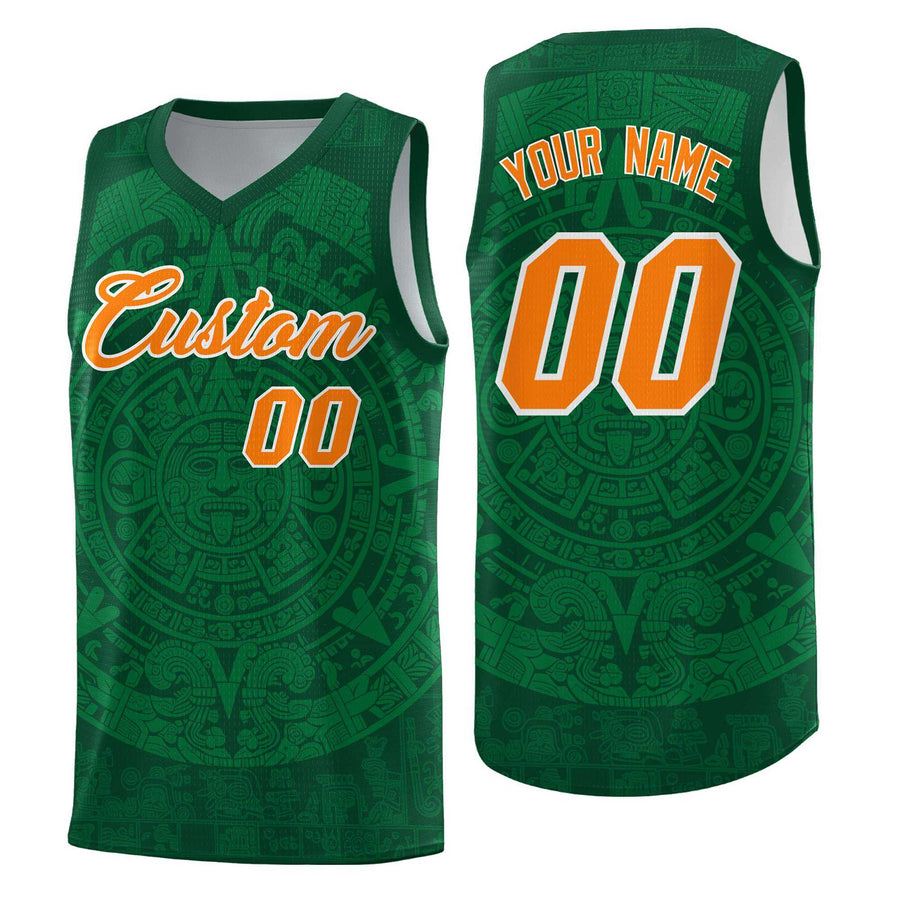 Custom Green Kelly Green Aztec Sun Stone Graffiti Pattern Wrinkle-Resistant Uniform Basketball Jersey | BuyFootballJersey