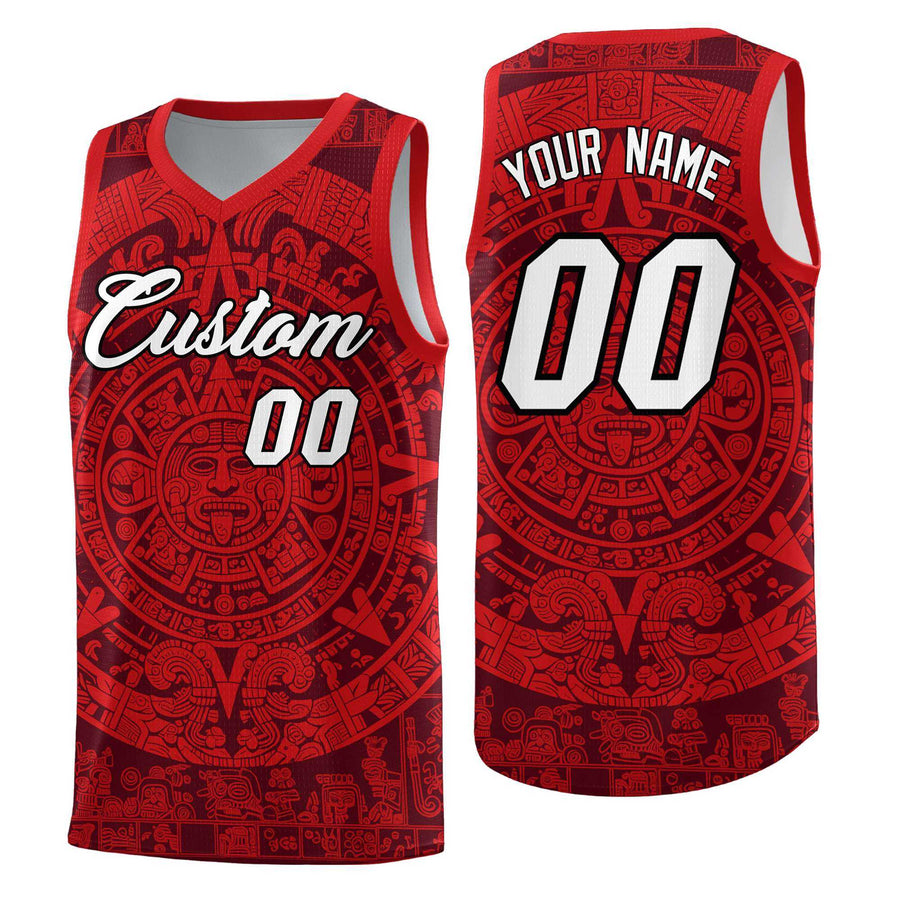 Custom Crimson Red Aztec Sun Stone Graffiti Pattern Drapable Uniform Basketball Jersey | BuyFootballJersey