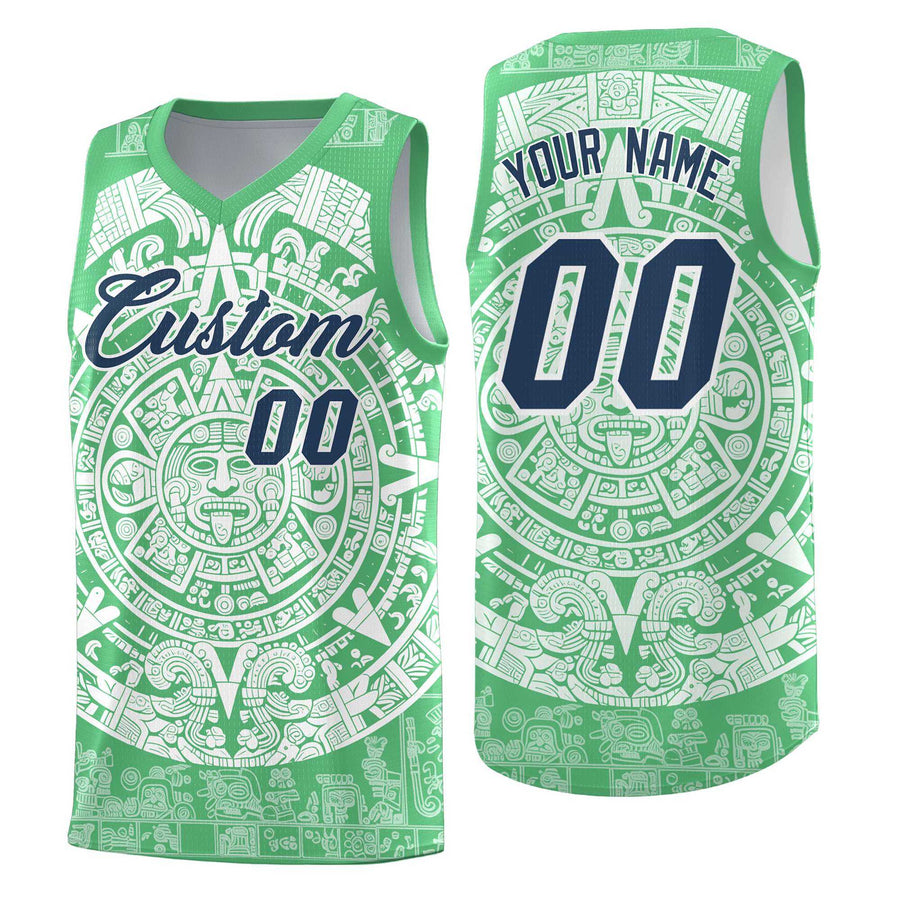 Custom Green White Aztec Sun Stone Graffiti Pattern Breathable Uniform Basketball Jersey | BuyFootballJersey