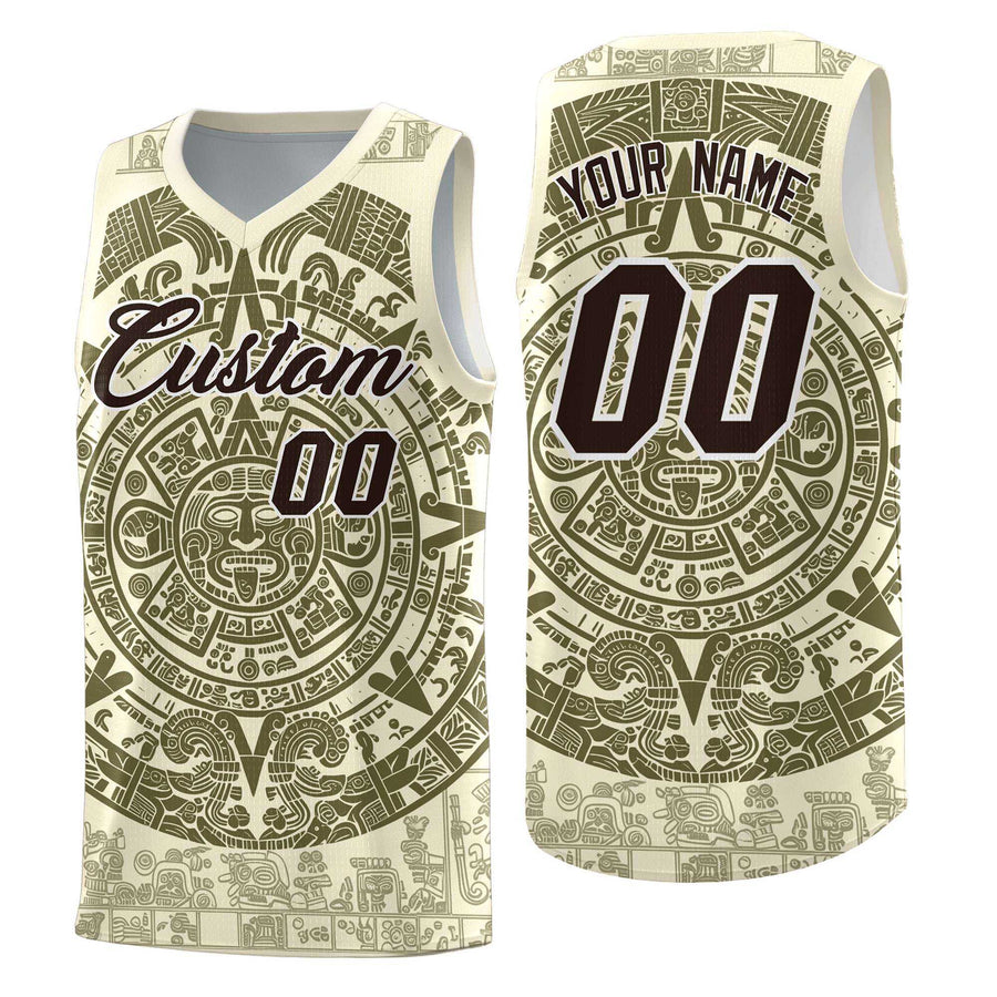 Custom Cream Olive Aztec Sun Stone Graffiti Pattern Quick-Drying Uniform Basketball Jersey | BuyFootballJersey