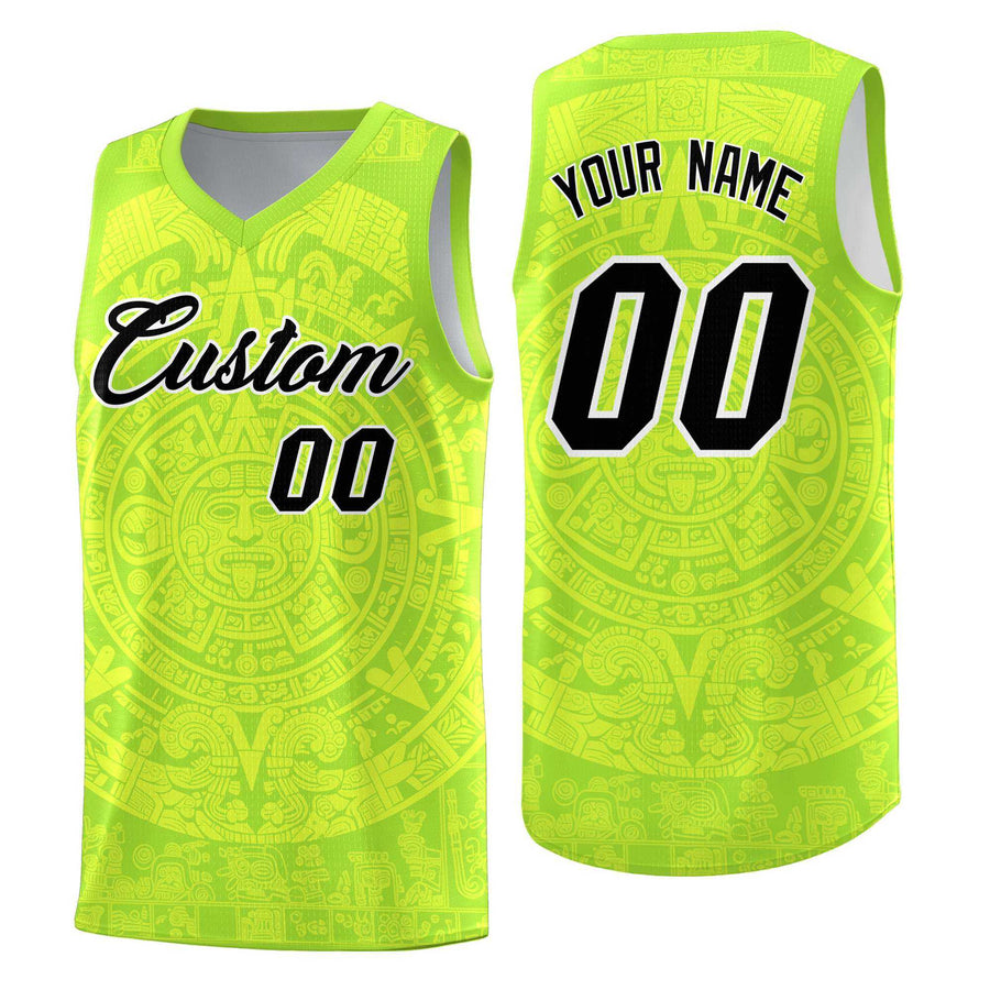 Custom Neon Green Fluorescent Green Aztec Sun Stone Graffiti Pattern Lightweight Uniform Basketball Jersey | BuyFootballJersey