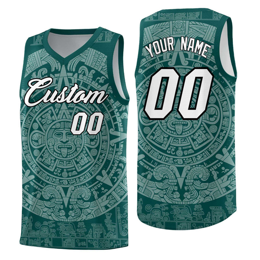 Custom Midnight Green White Aztec Sun Stone Graffiti Pattern Wrinkle-Resistant Uniform Basketball Jersey | BuyFootballJersey