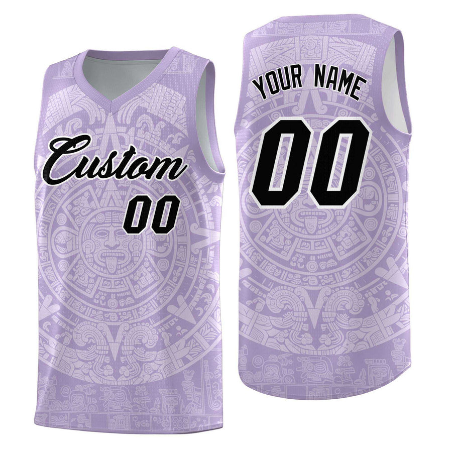 Custom Light Purple White Aztec Sun Stone Graffiti Pattern Drapable Uniform Basketball Jersey | BuyFootballJersey