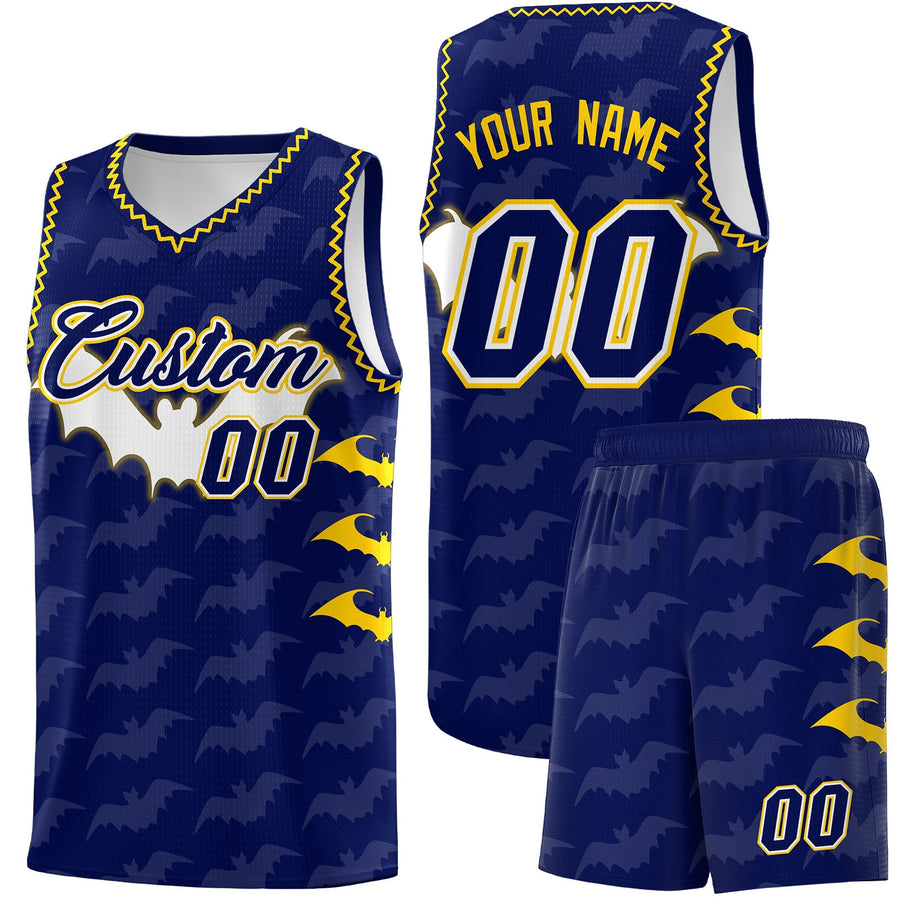 Custom Navy Gold Bat Pattern Halloween Basketball Jersey | BuyFootballJersey