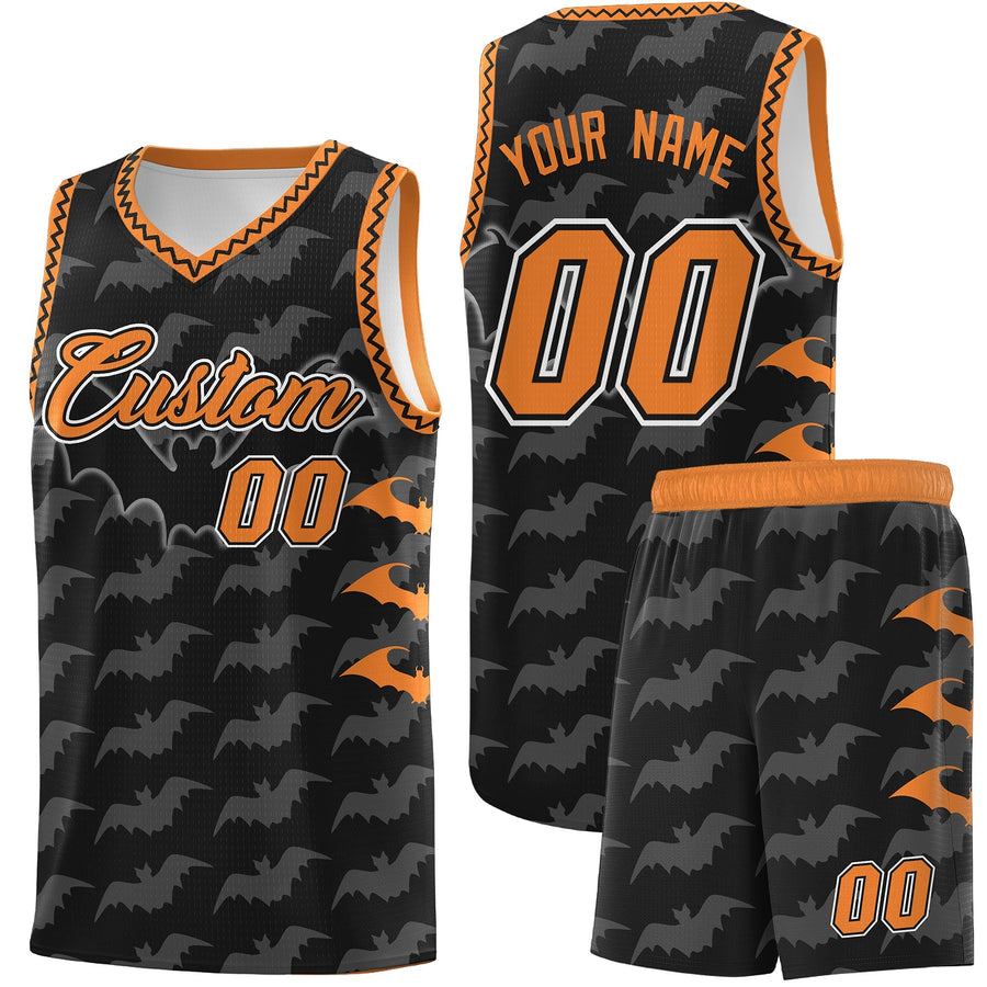 Custom Black Gold Orange Bat Pattern Halloween Basketball Jersey | BuyFootballJersey