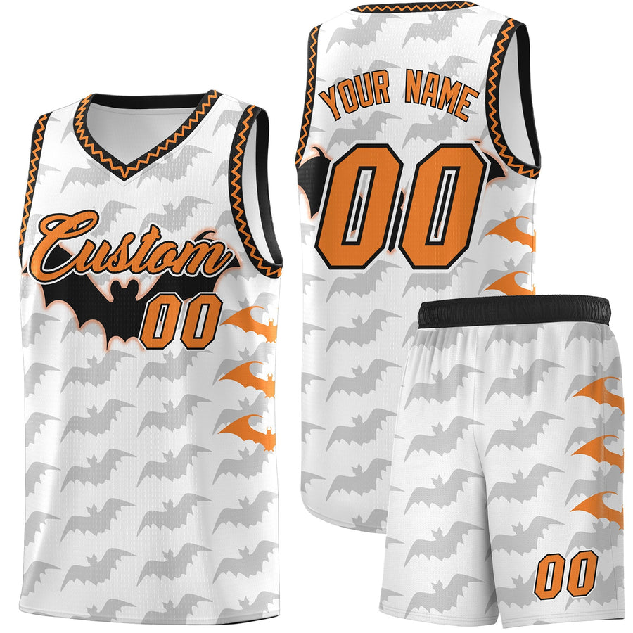 Custom White Black Bat Pattern Halloween Basketball Jersey | BuyFootballJersey