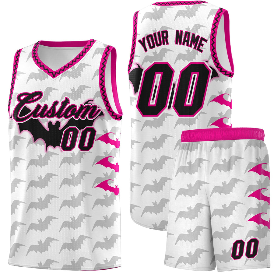 Custom White Pink Black Bat Pattern Halloween Basketball Jersey | BuyFootballJersey